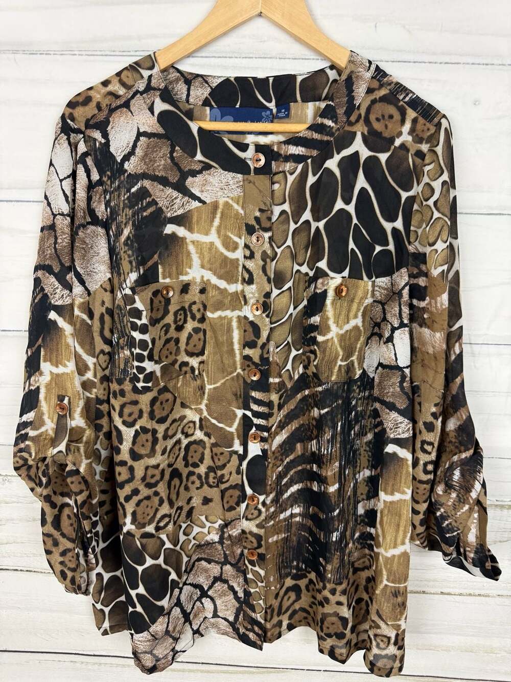 Ruby Rd. Mixed Animal Print Roll-Tab Sleeve Button Down Blouse Size 1X